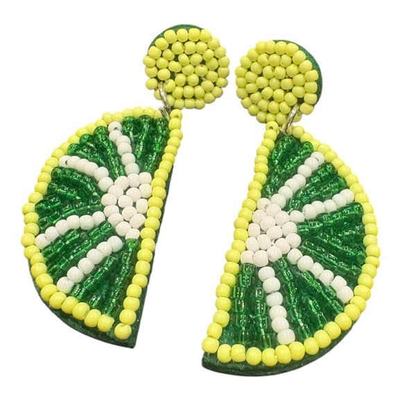 Beaded Lime Slice Statement Earrings Green Yellow Citrus Margarita Night J23 - Picture 2 of 3
